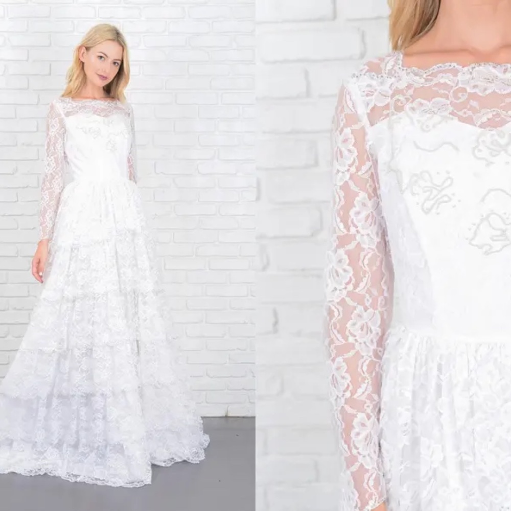 Vintage 70s Wedding Dress Tiered Floral Lace Train Beaded Sheer Sleeve XS Small